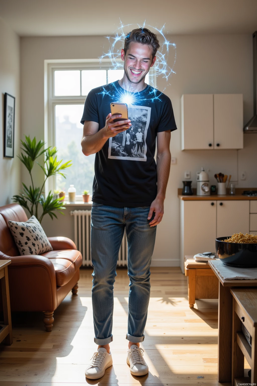 A man stands in a well-lit room, holding a phone with a glowing effect above his head.
