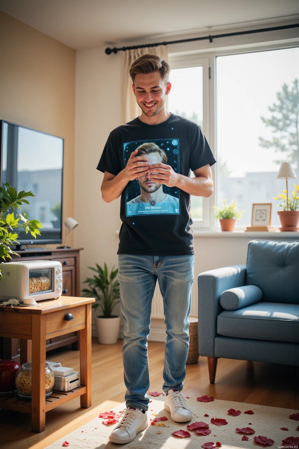 A man stands in a living room, wearing a t-shirt with a digital graphic and jeans, with a cozy setup including a TV, plants, and a toaster oven.