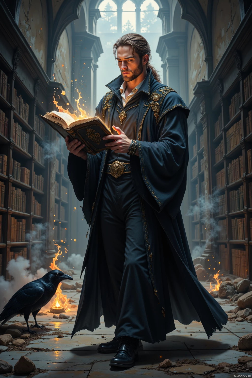 A man in a dark, ornate robe reads a glowing book in a library with a crow nearby.