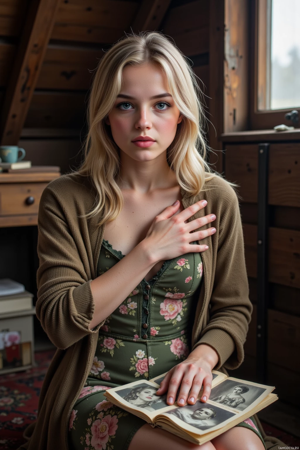 A woman in a floral dress and cardigan holds an open book with photographs.
