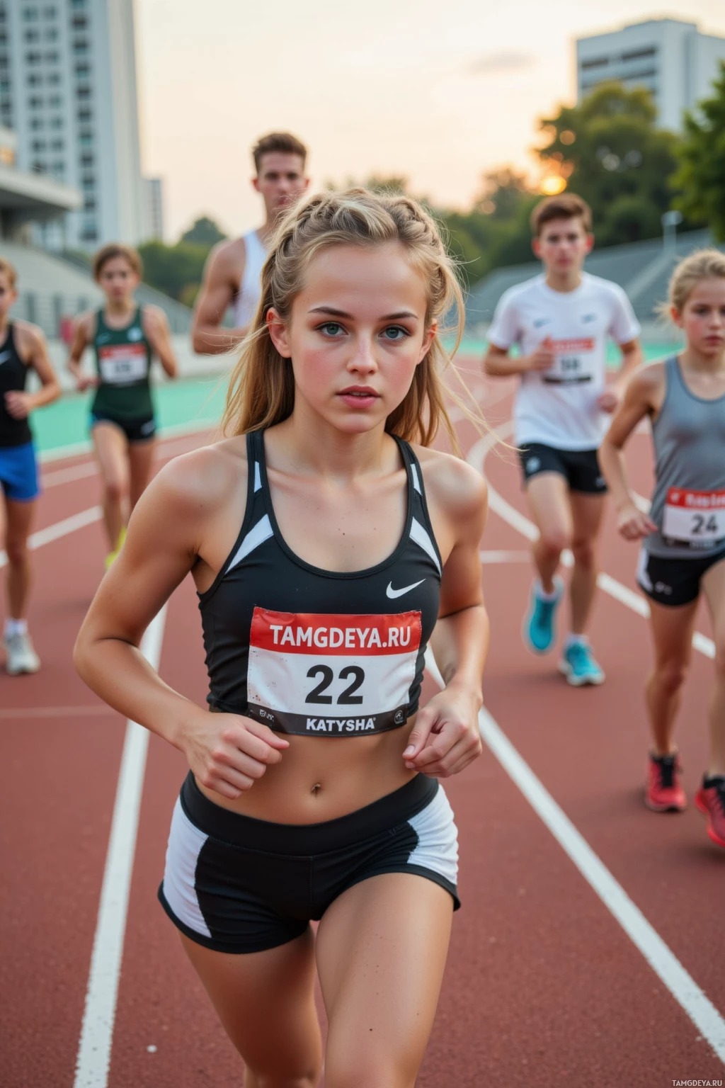 A young female athlete runs on a track during a race.