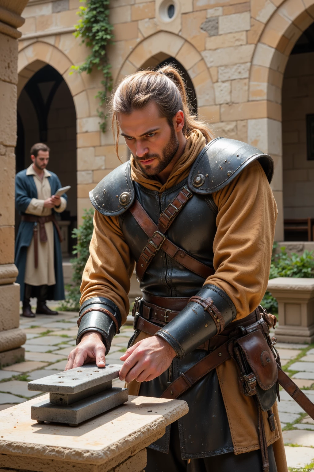 A man in medieval-style armor stands in a courtyard, examining a stone block.