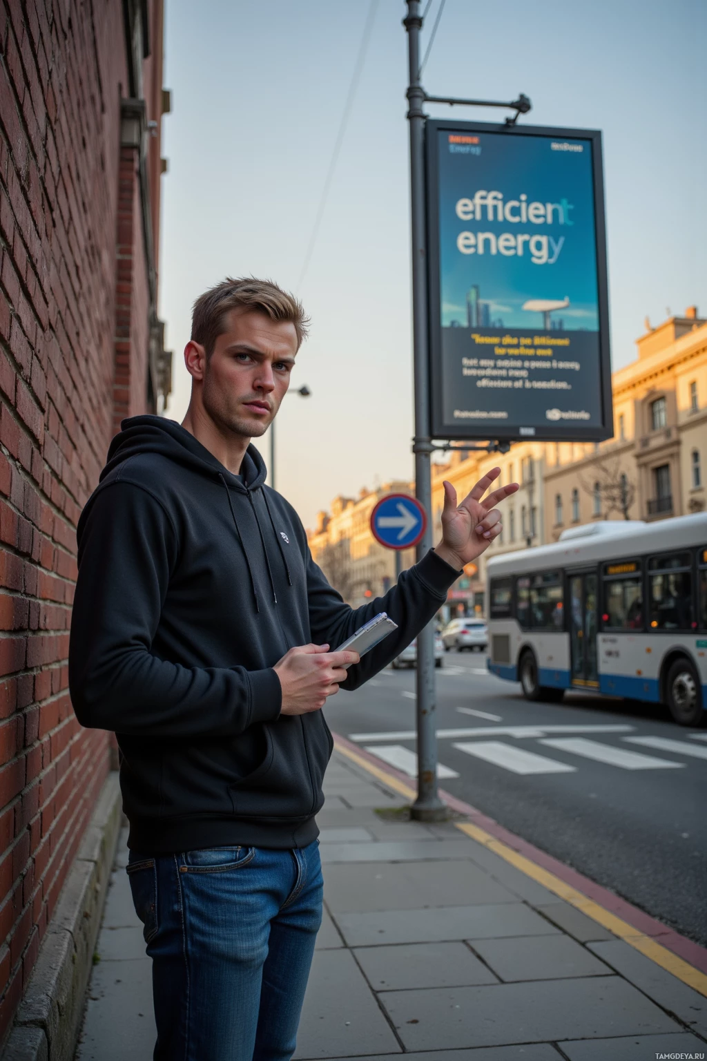 A person stands on a sidewalk near a brick wall, pointing towards a billboard with the word "energy" on it.
