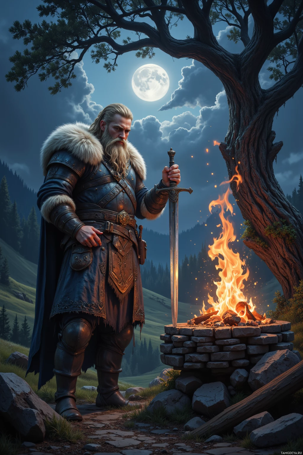 A warrior in medieval armor stands beside a campfire under a full moon.