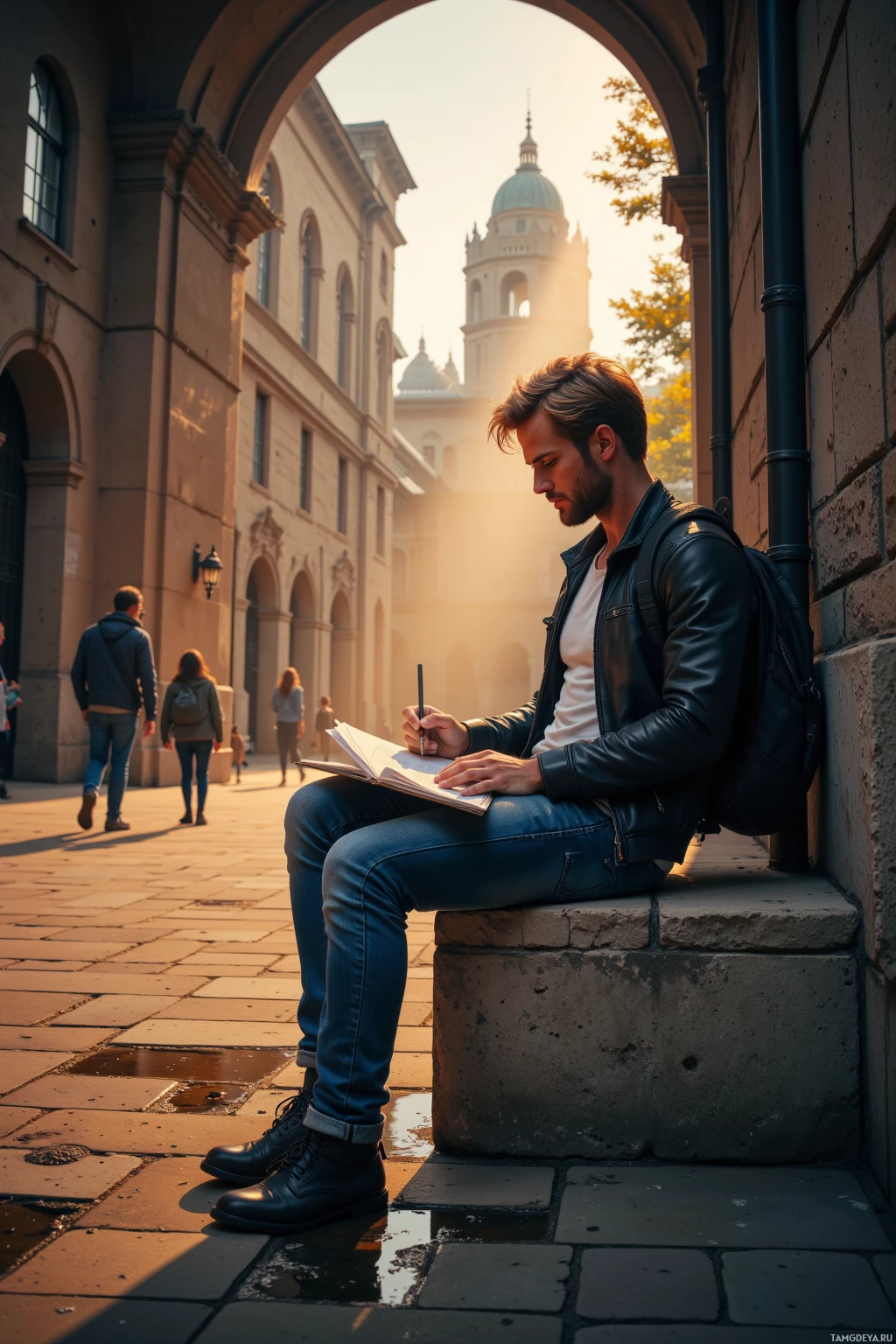 A man sits on a stone ledge, writing in a notebook in a sunlit courtyard.