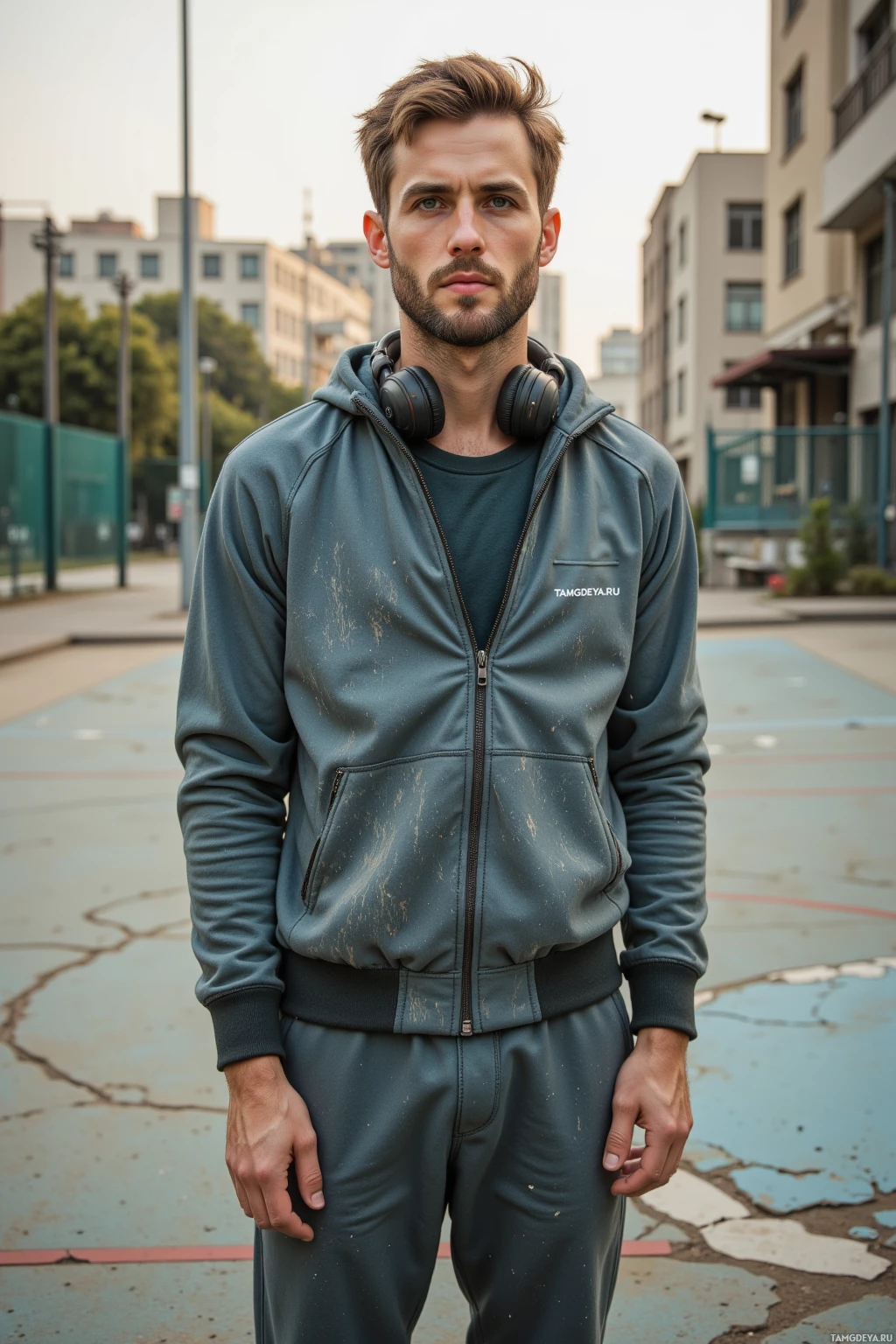 A man stands outdoors in a casual outfit, wearing a hooded sweatshirt and headphones.