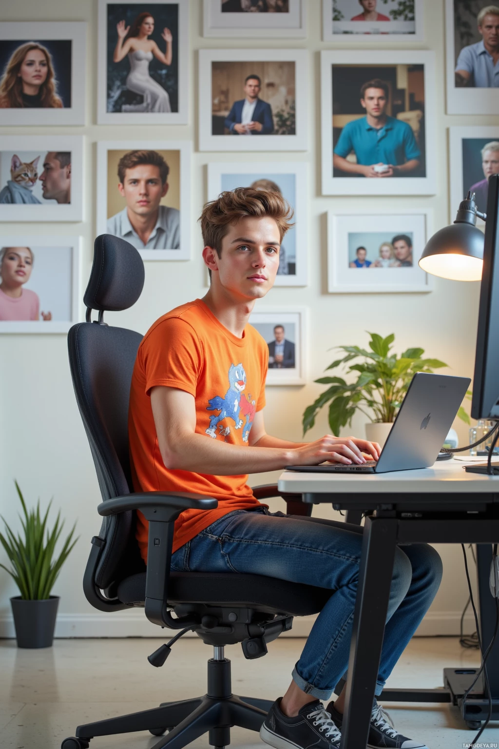A young man sits at a desk in a home office, working on a laptop.