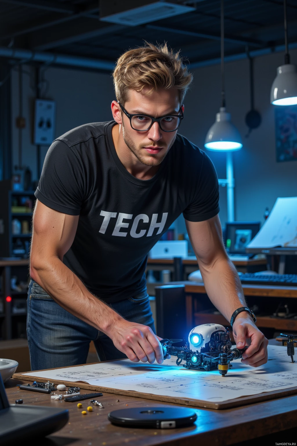 A person wearing a "TECH" shirt works on a small drone in a workshop setting.