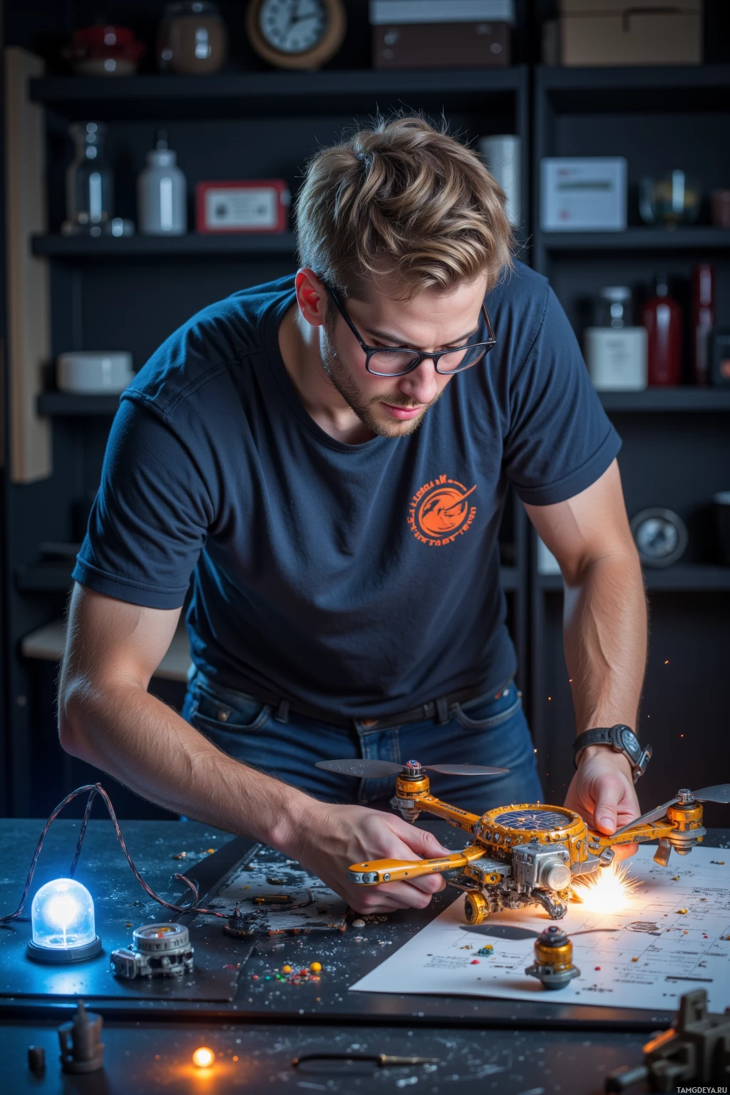A person is working on a small drone in a workshop setting.
