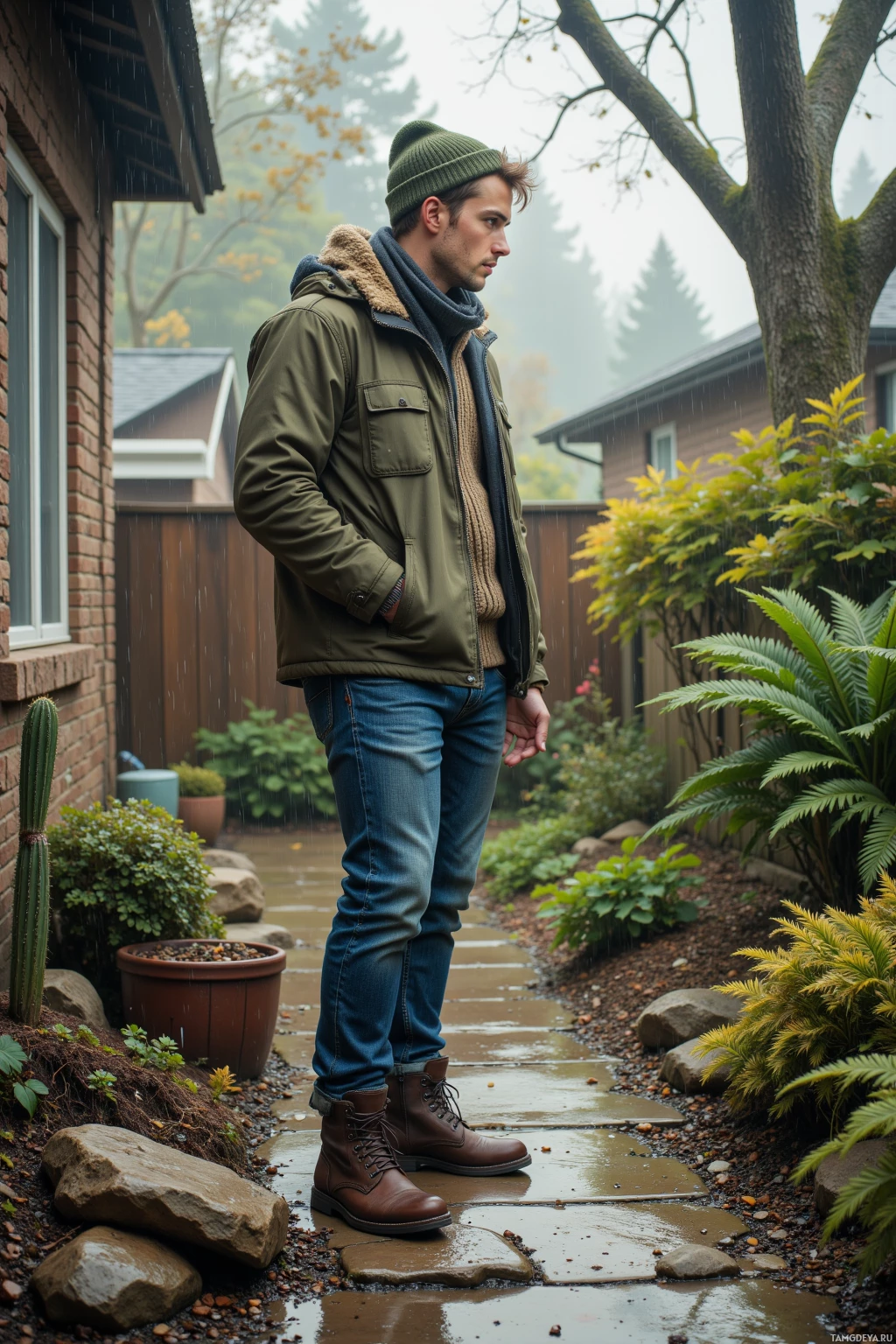A man stands on a wet pathway in a garden, wearing a green jacket, jeans, and boots, with rain falling around him.