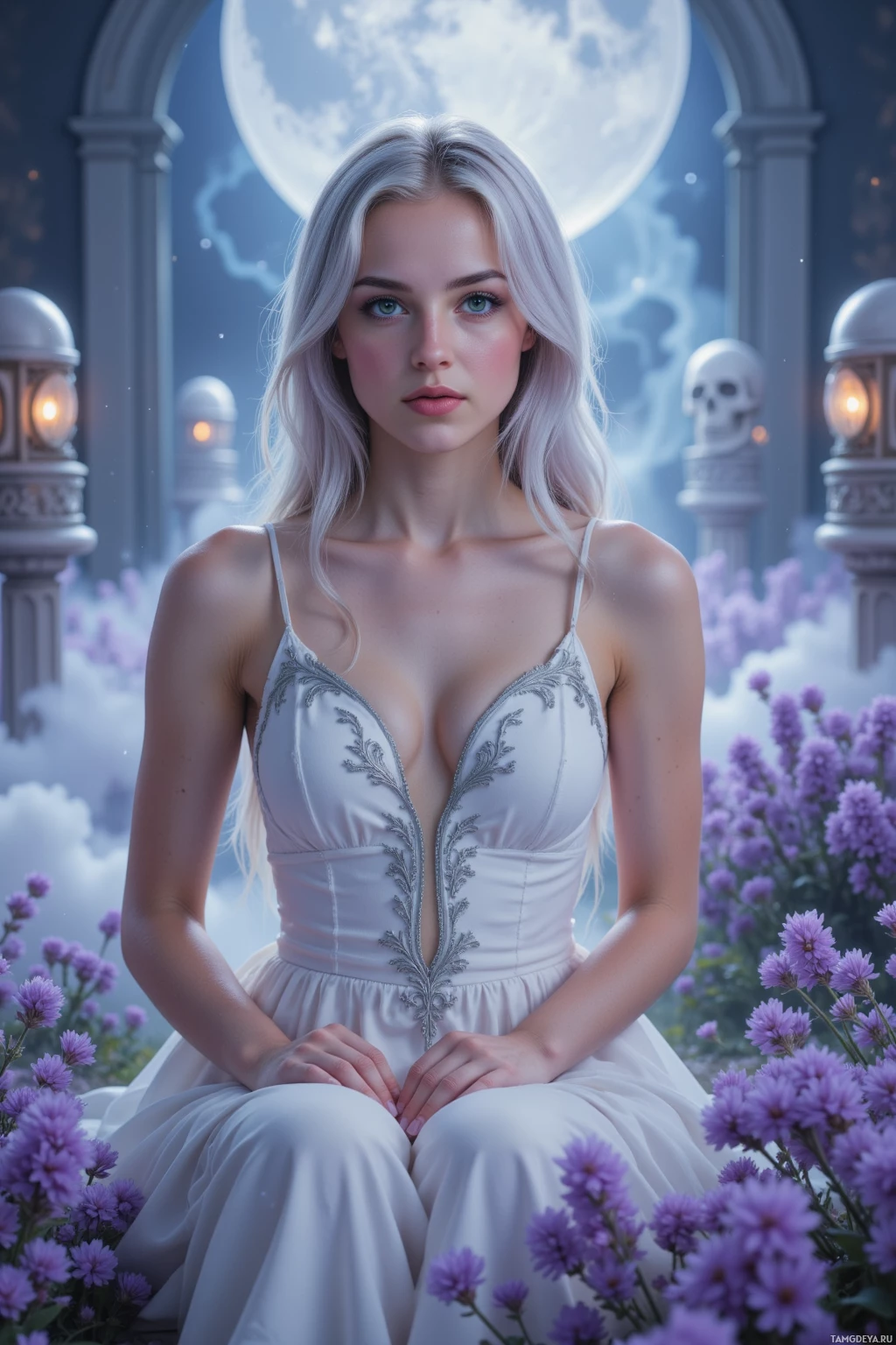 A woman in a white dress sits amidst purple flowers under a moonlit sky.