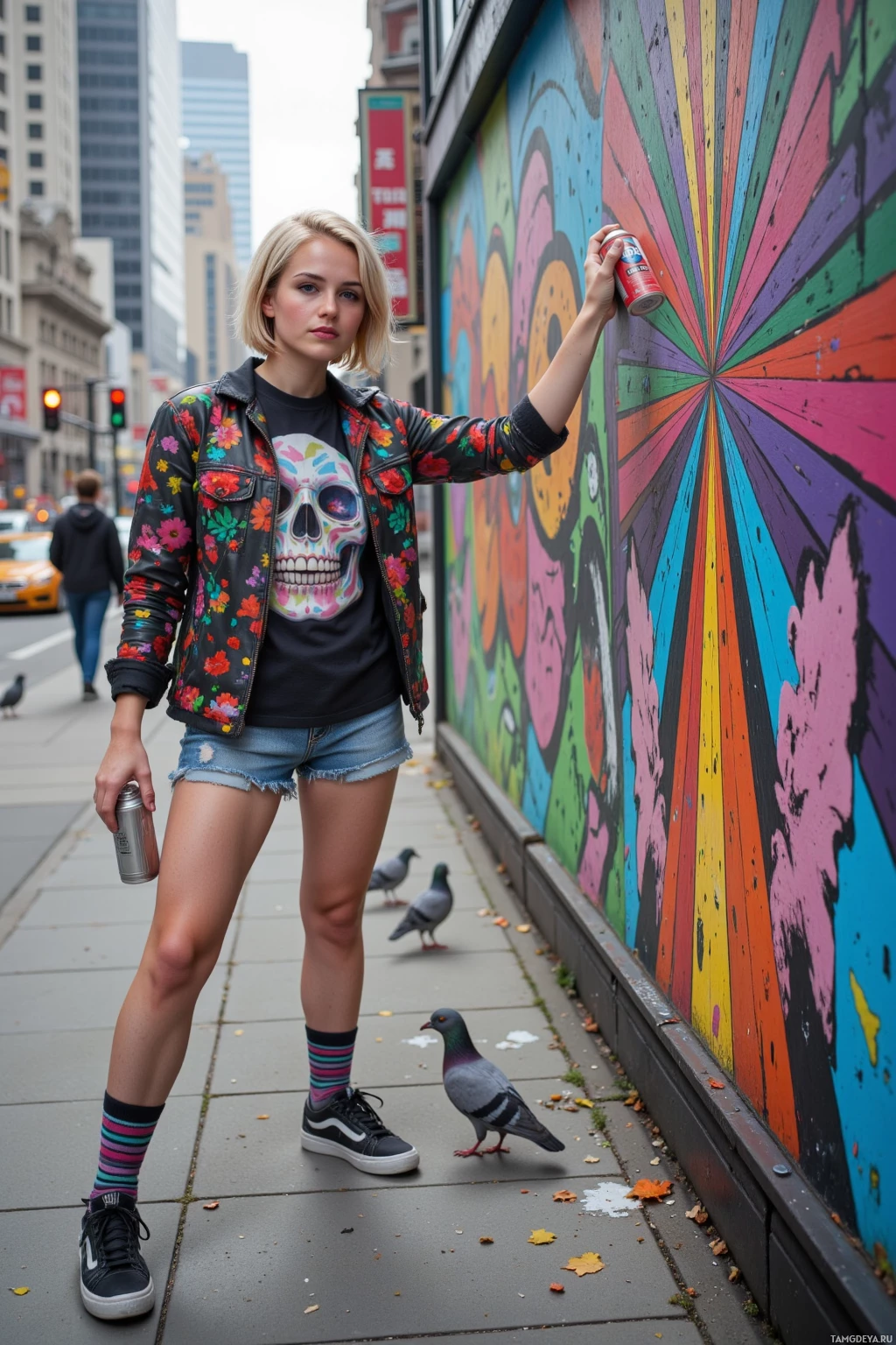 A person stands on a sidewalk near a colorful mural, holding a spray can.