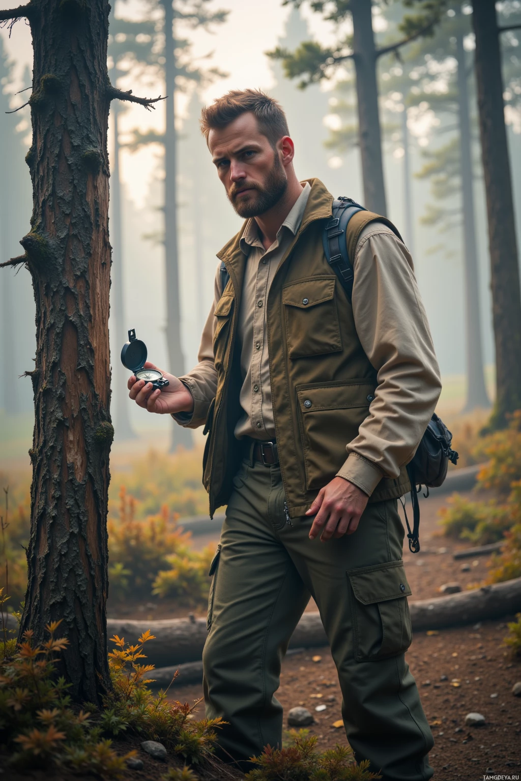 A man in outdoor attire stands in a forest, holding a compass.