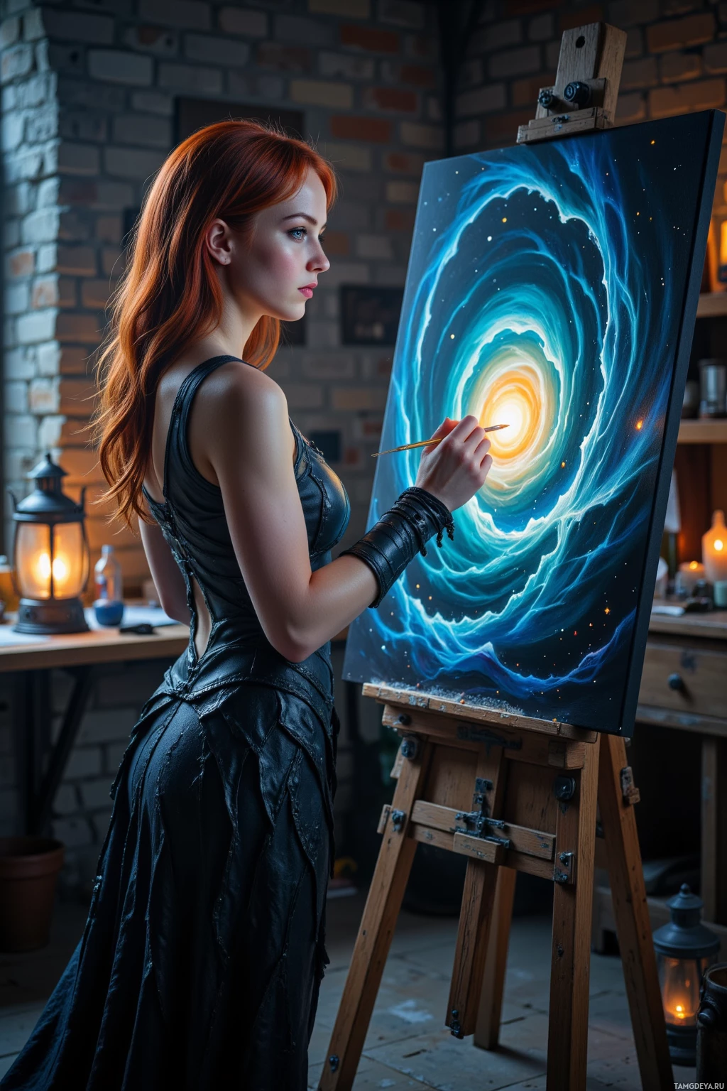 A woman in a dark dress paints a vibrant cosmic scene on an easel.