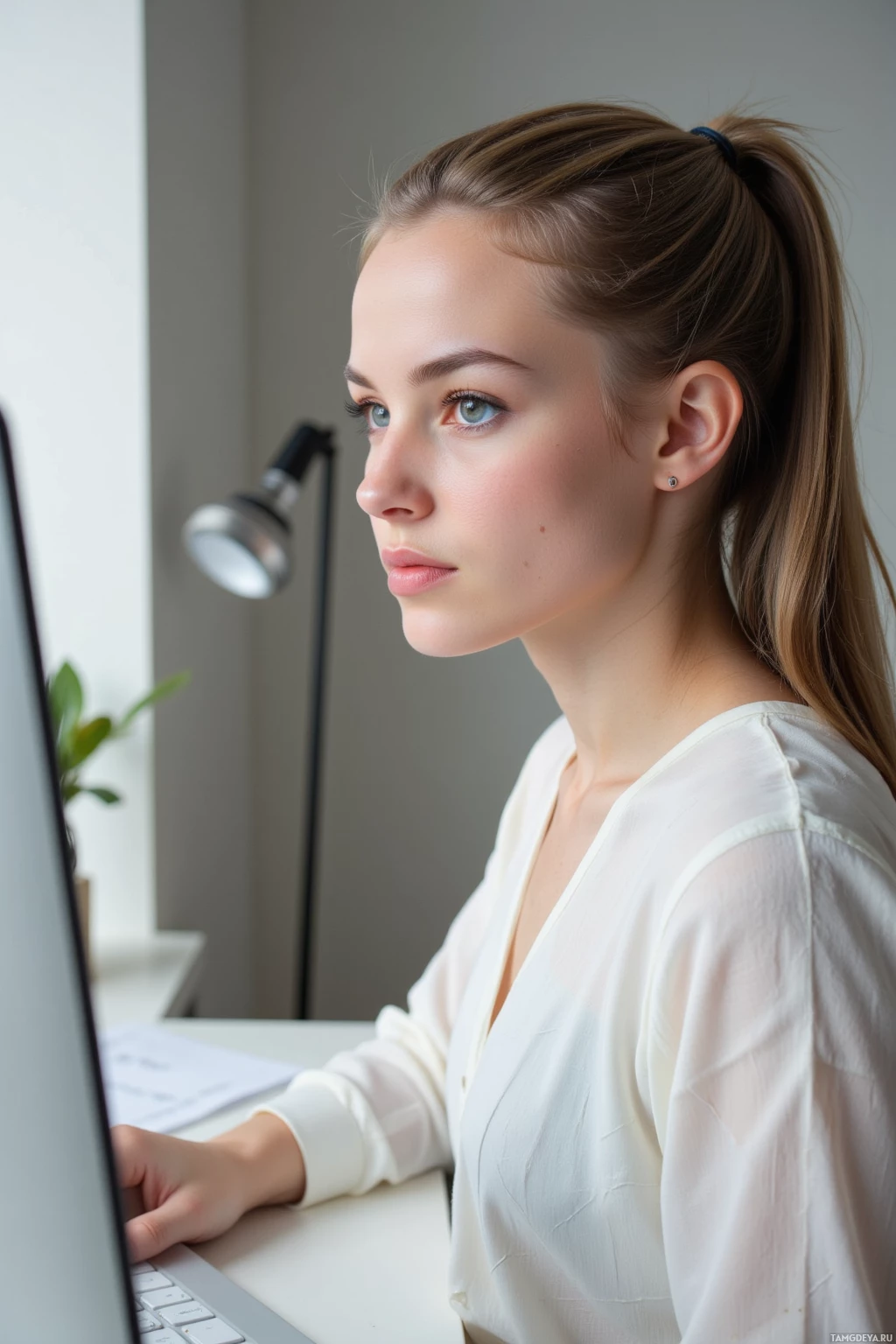 A woman is working at a desk with a laptop, looking focused.
