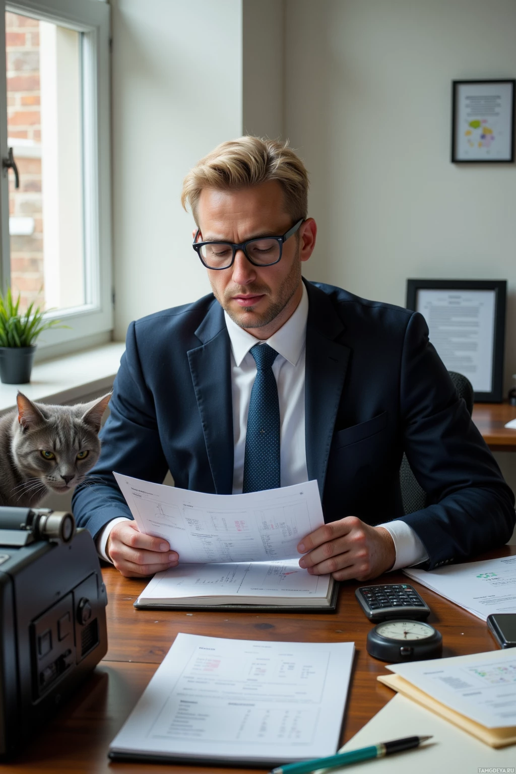 A man in a suit is reading documents at a desk with a cat nearby.