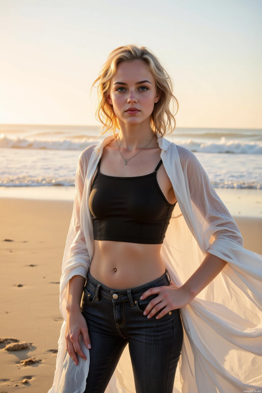 A woman stands on a beach at sunset, wearing a black top, jeans, and a sheer white cardigan.