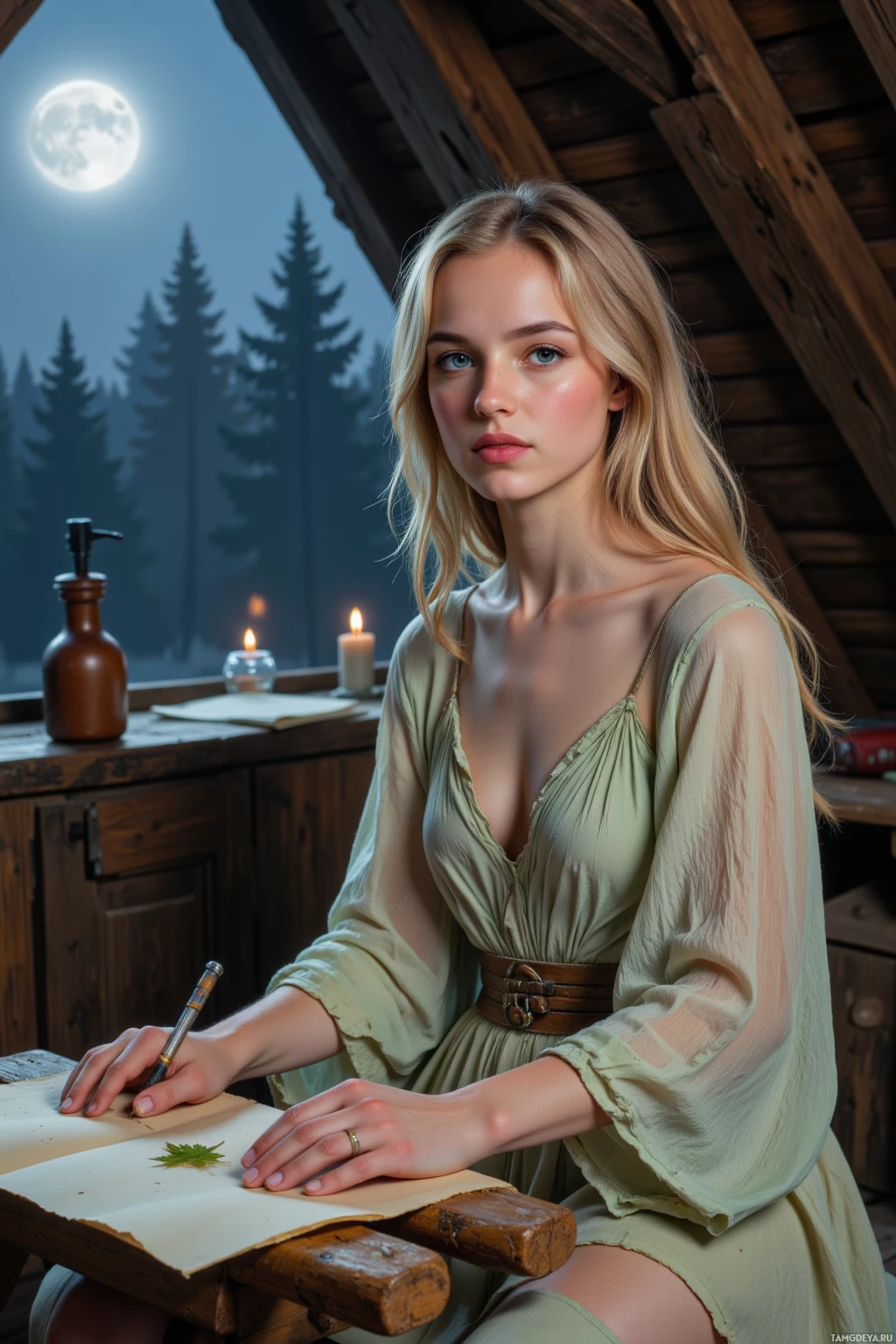 A woman in a rustic setting, writing at a desk with a lit candle and a full moon outside.