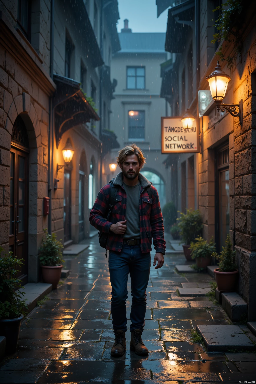 A man stands in a narrow, rain-soaked alleyway with stone buildings and warm streetlights.
