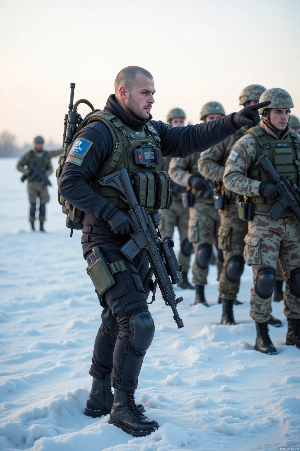 A group of soldiers in winter gear stands in a snowy field, one pointing forward.