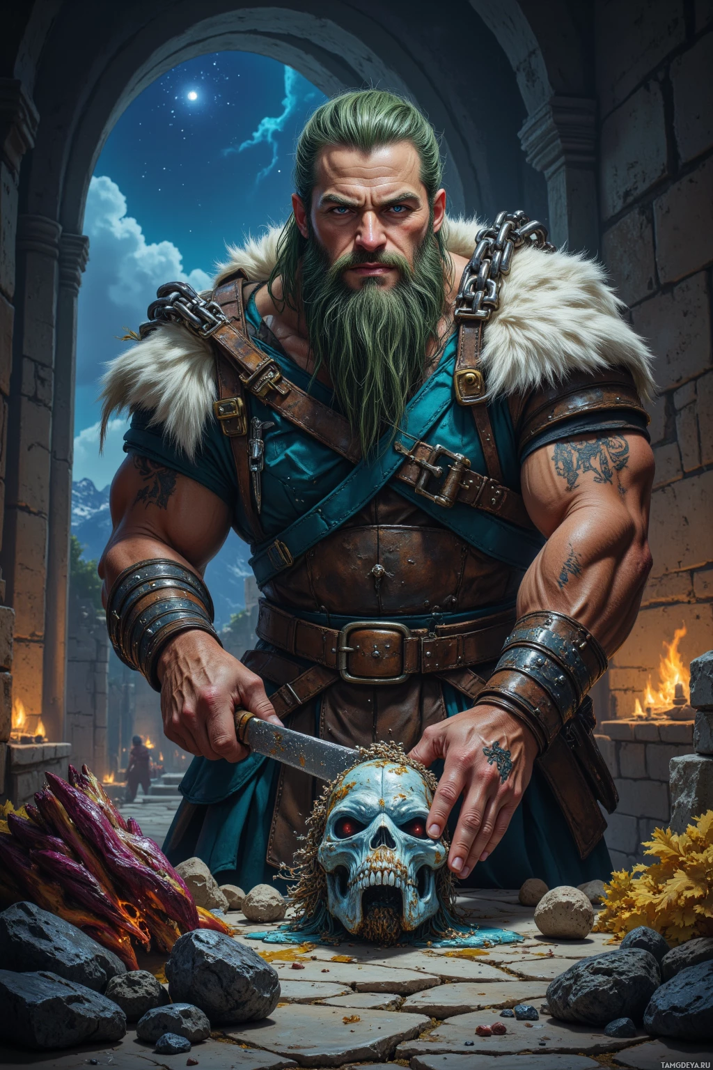 A muscular warrior with a long green beard and tattoos, wearing armor and holding a knife, stands in a stone courtyard with a skull and other debris on the ground.