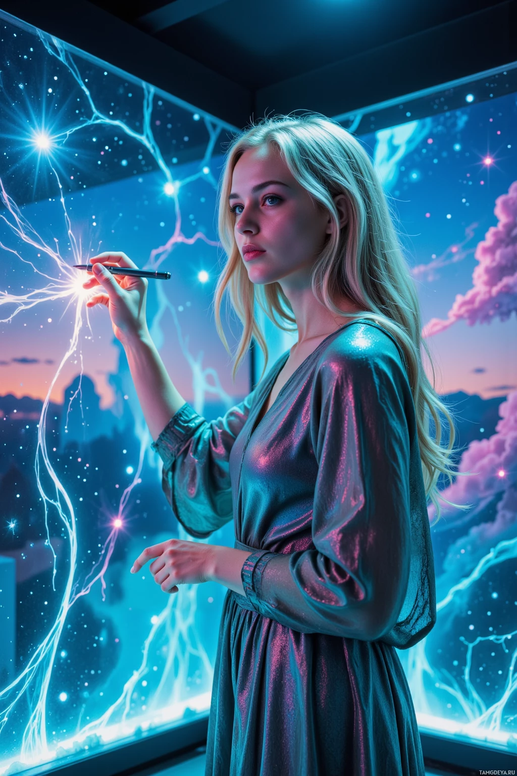 A woman in a shimmering dress holds a pen, surrounded by a glowing, cosmic background.