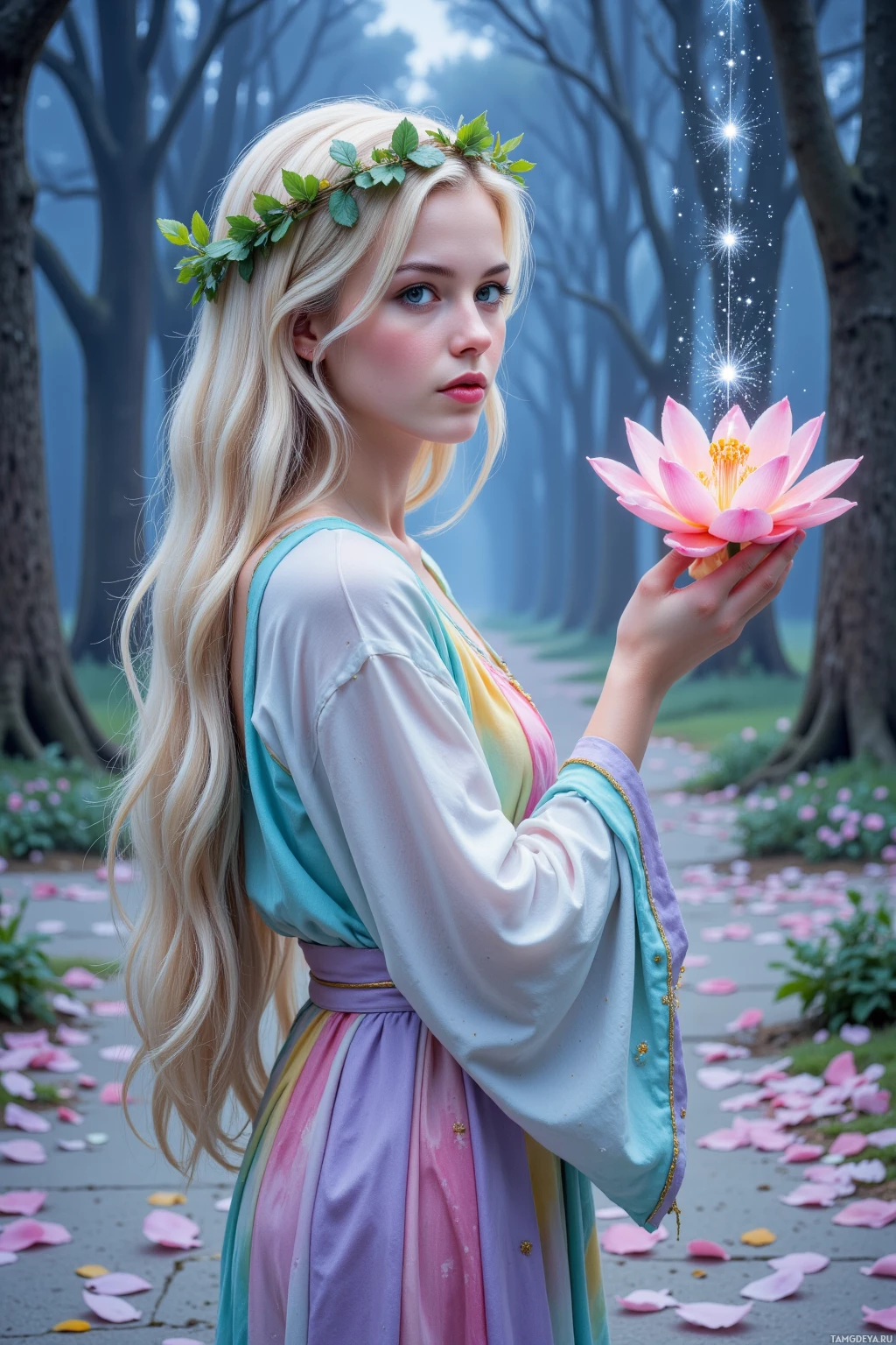 A woman in a pastel dress holds a glowing pink flower in a misty forest setting.