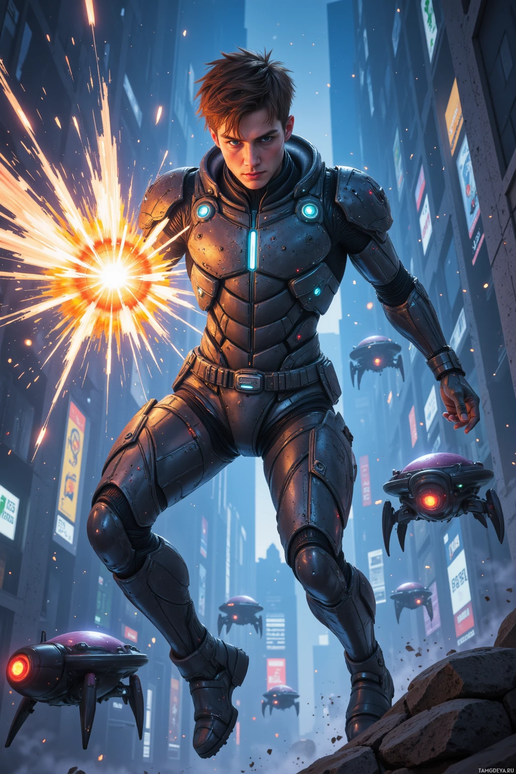 A futuristic armored figure stands amidst a cityscape with glowing particles and flying drones.