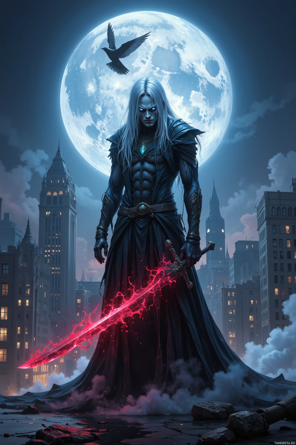 A powerful figure stands in a moonlit cityscape, wielding a glowing red sword.