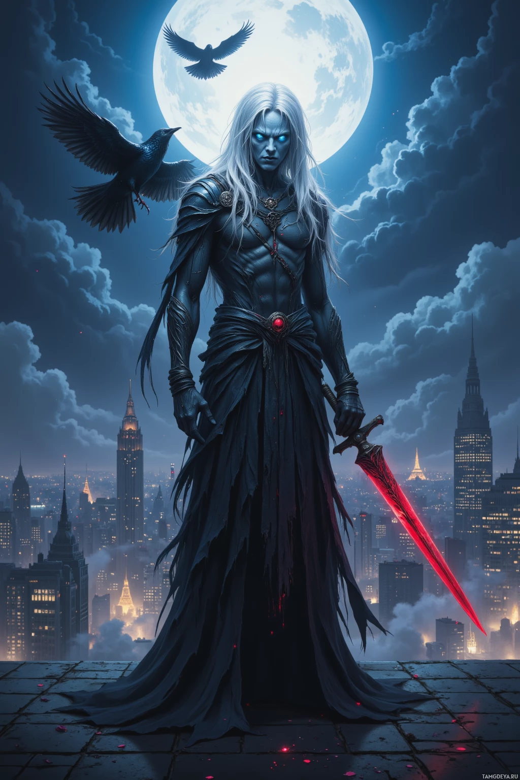 A dark, ethereal figure stands on a rooftop at night, holding a glowing red sword, with a full moon and a crow in the background.