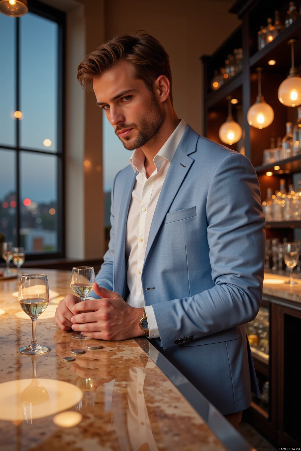 A man in a light blue suit stands at a bar, holding a glass of wine.