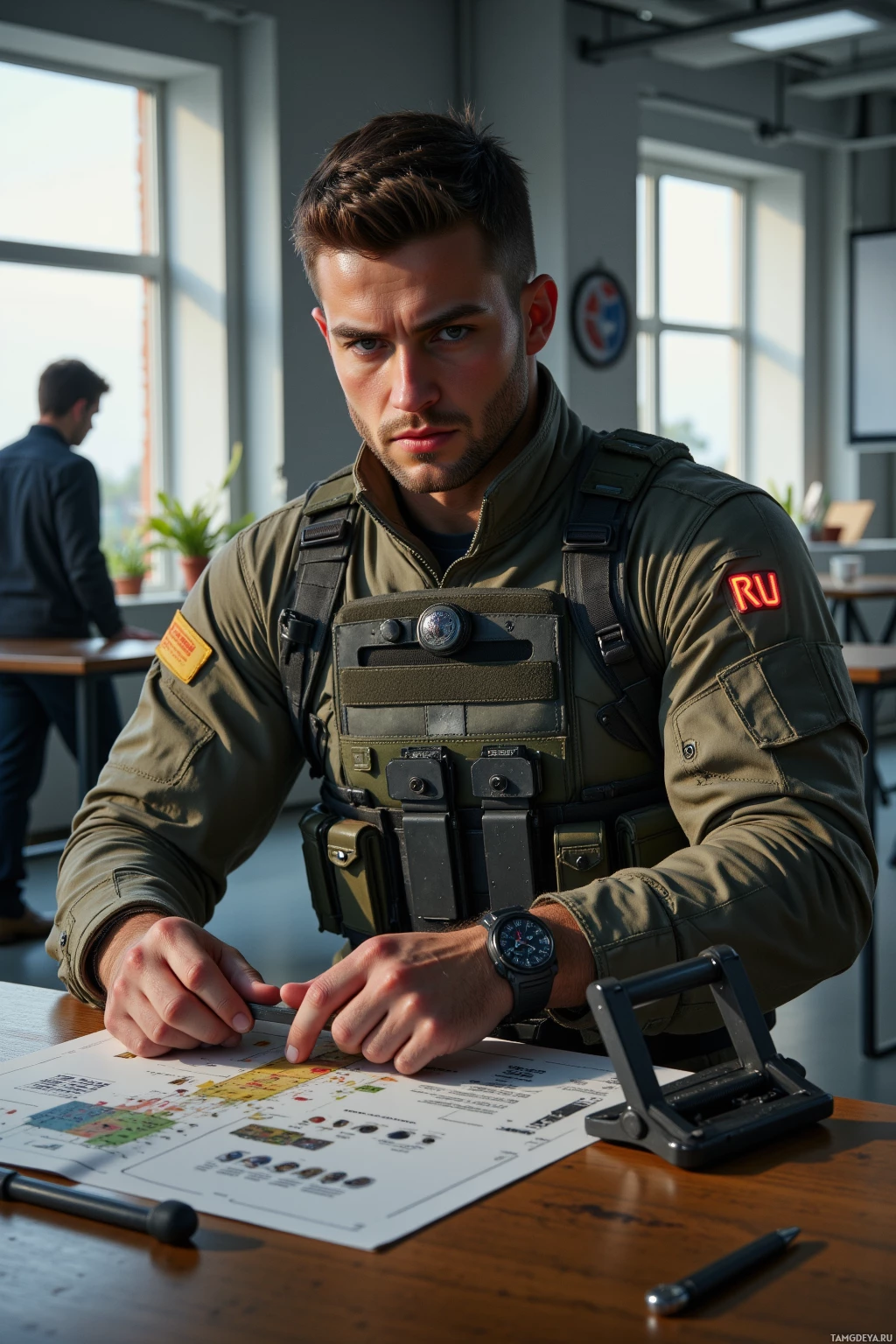 A man in tactical gear sits at a desk, examining a map and documents.