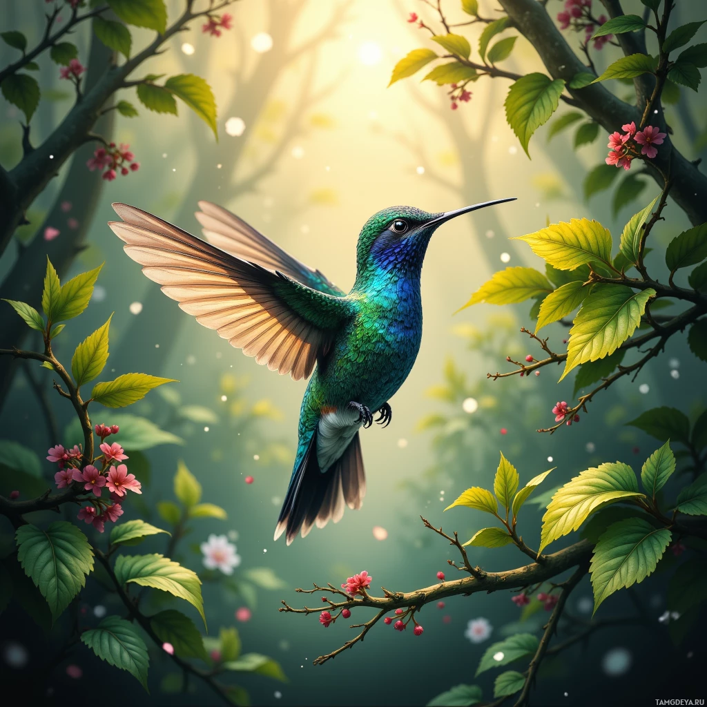 A vibrant hummingbird with iridescent feathers is captured in flight amidst a lush, sunlit forest setting.