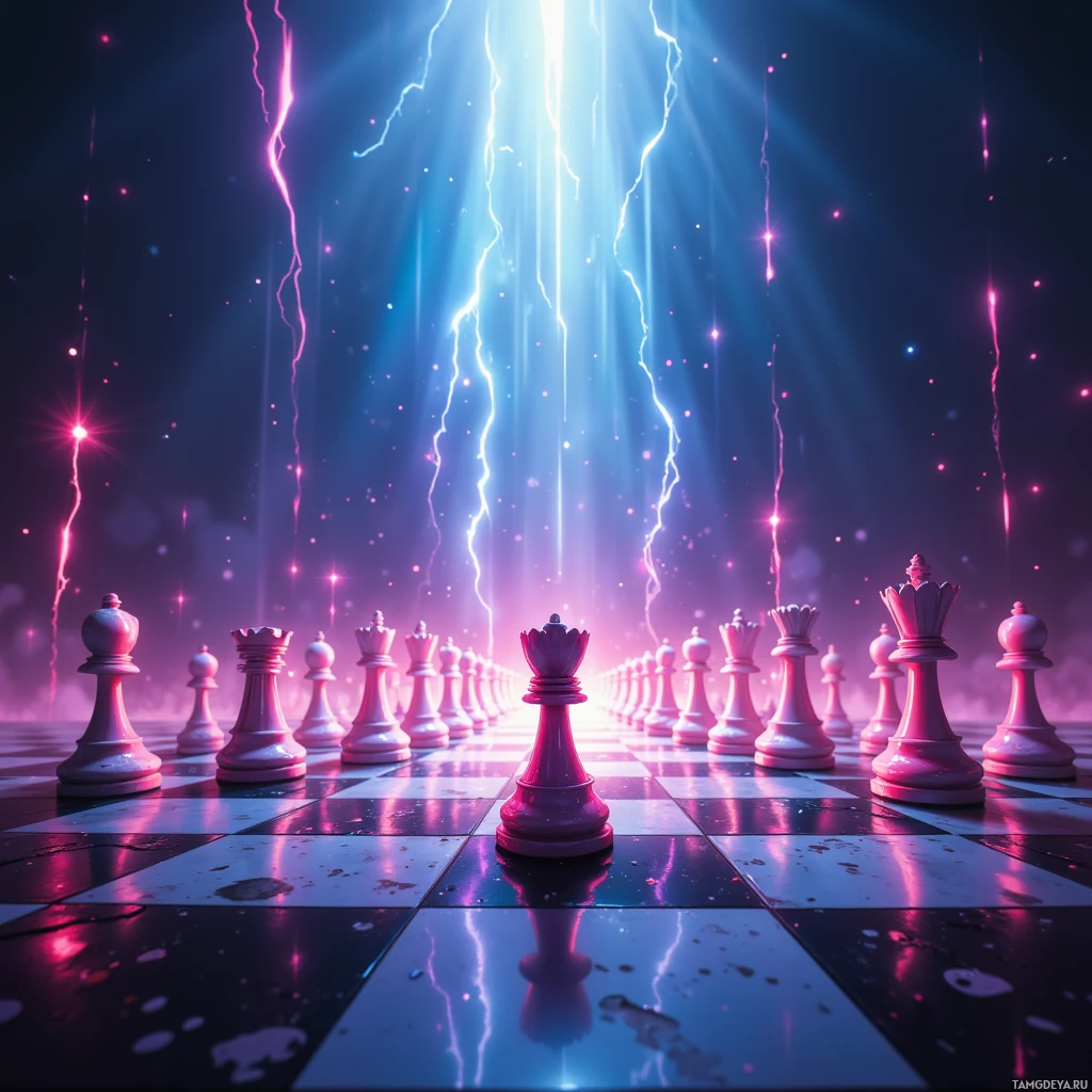 A surreal chessboard scene with glowing light streaks and pinkish chess pieces.