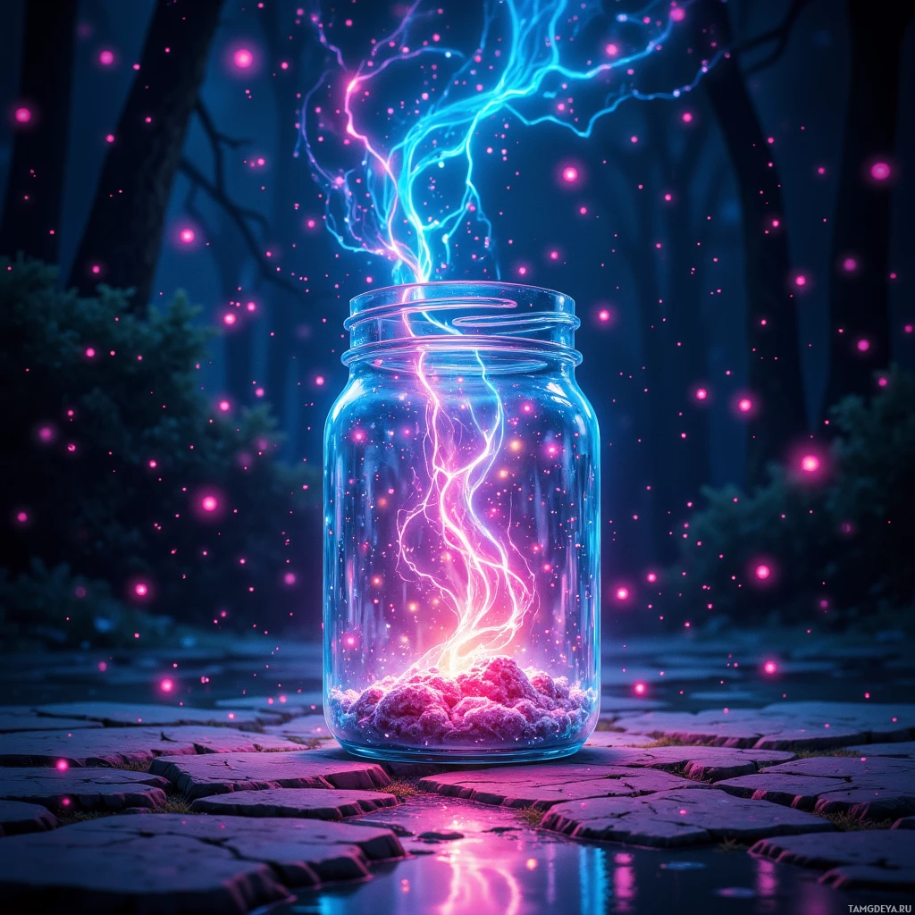 A glowing jar with lightning and pink sparks in a dark forest setting.