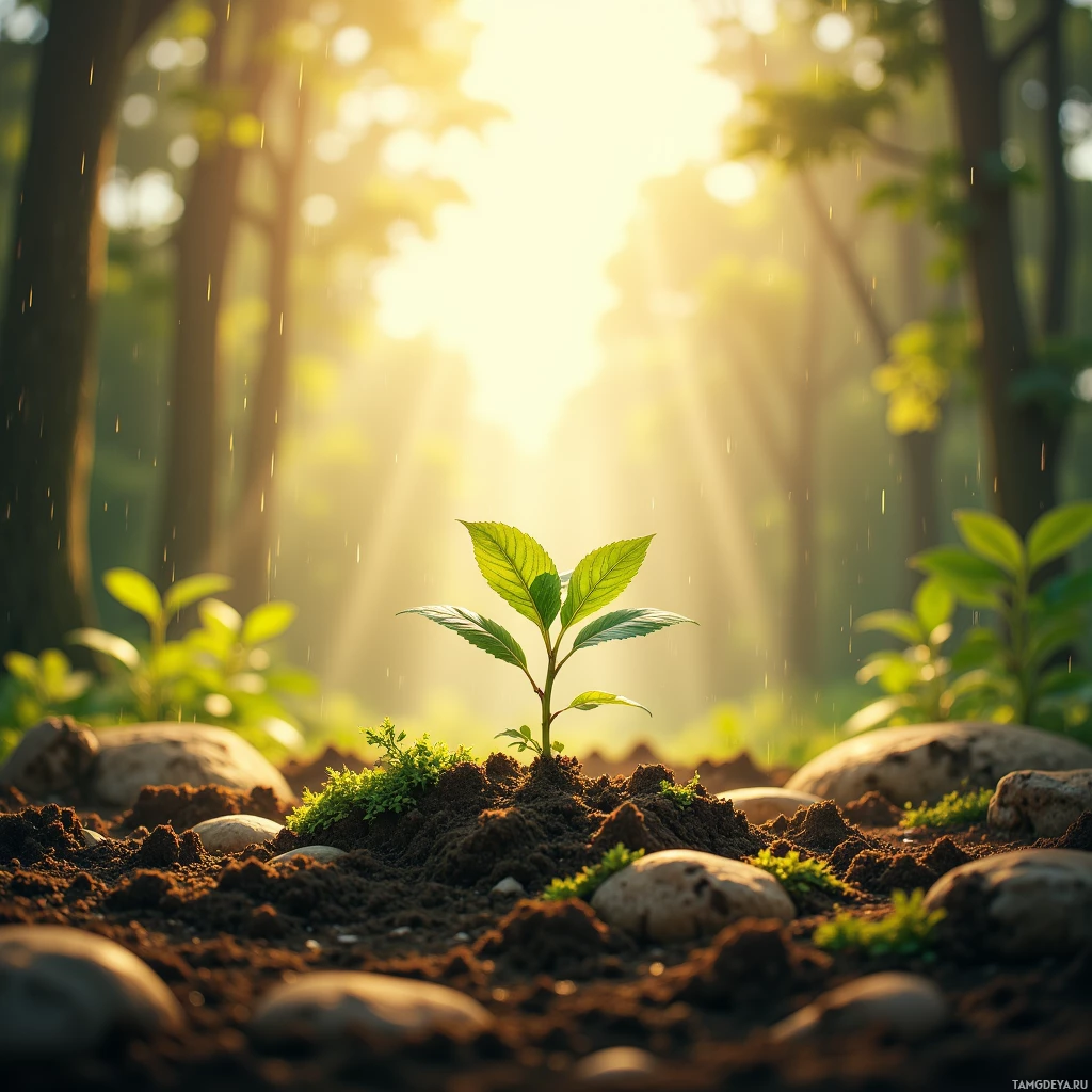 A serene forest scene with sunlight filtering through trees, highlighting a small plant growing in the foreground.