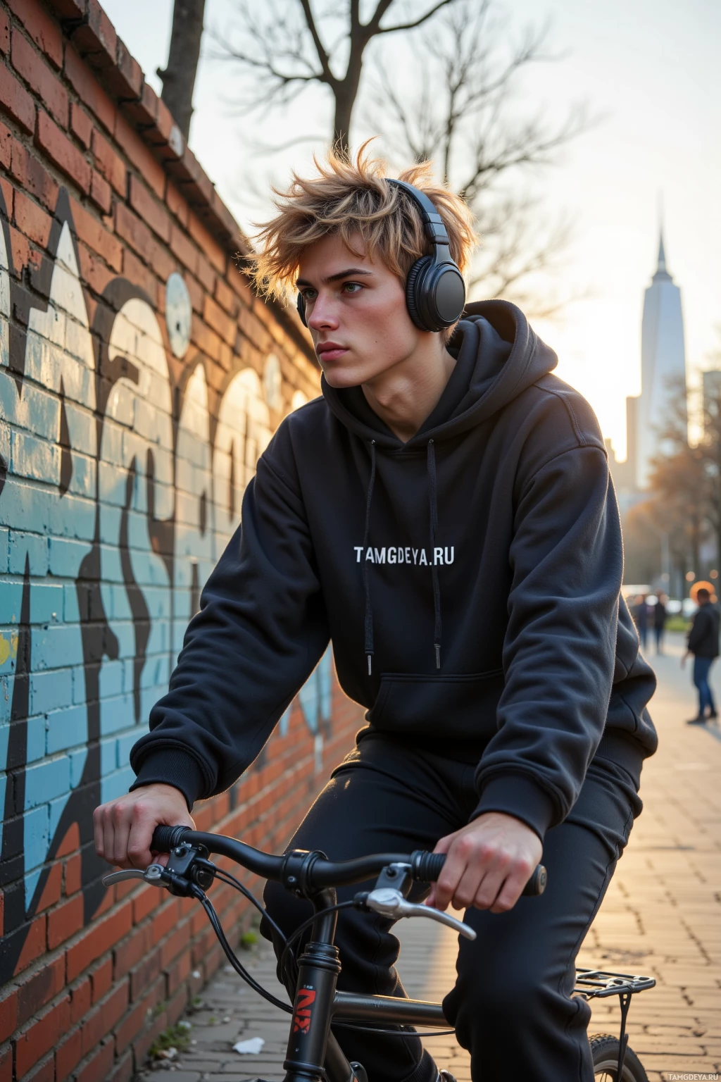 A person wearing a black hoodie and headphones rides a bicycle near a brick wall with graffiti.