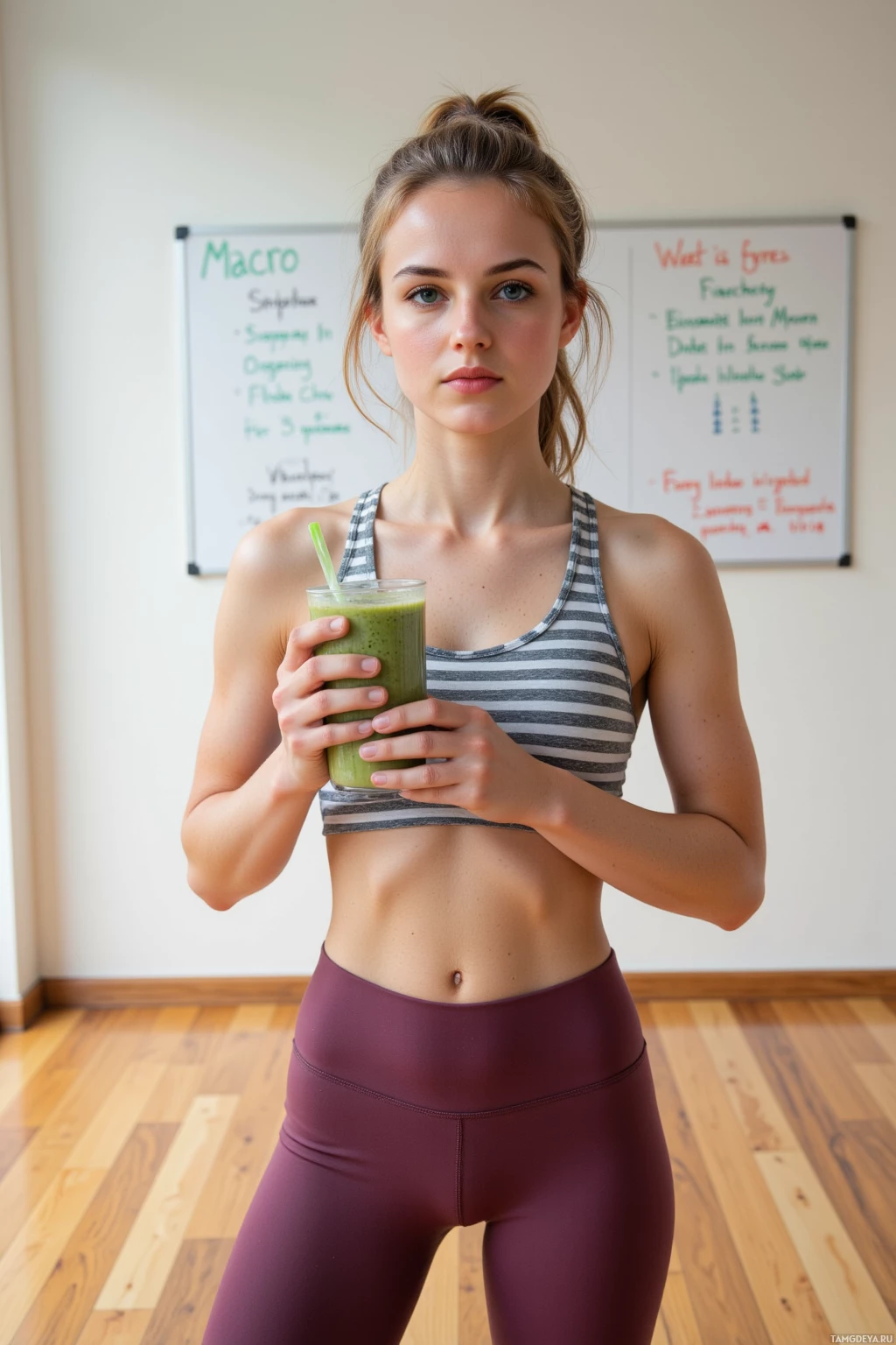 A woman in athletic attire holds a green smoothie in a gym setting.