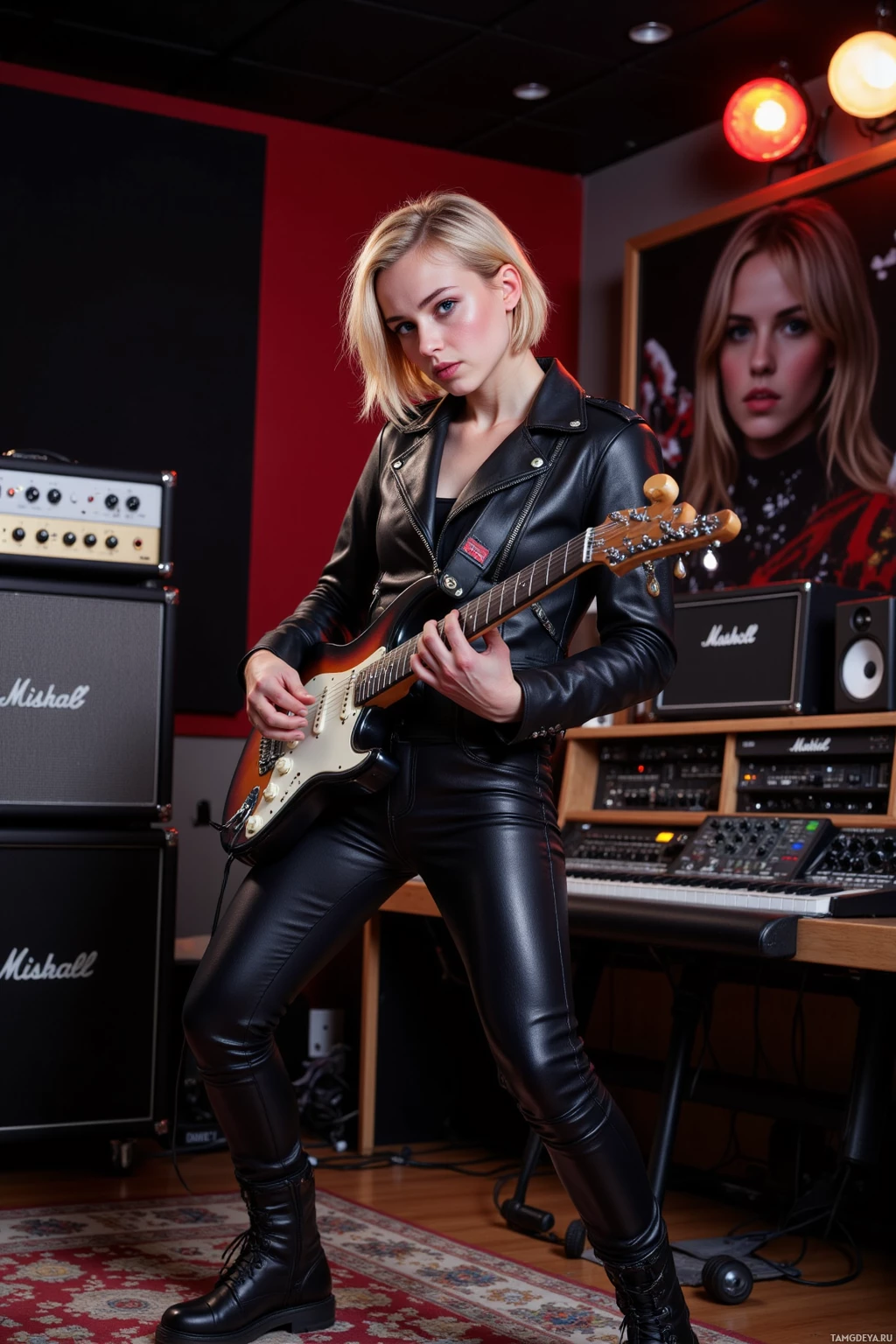 A person in a leather outfit plays an electric guitar in a music studio.