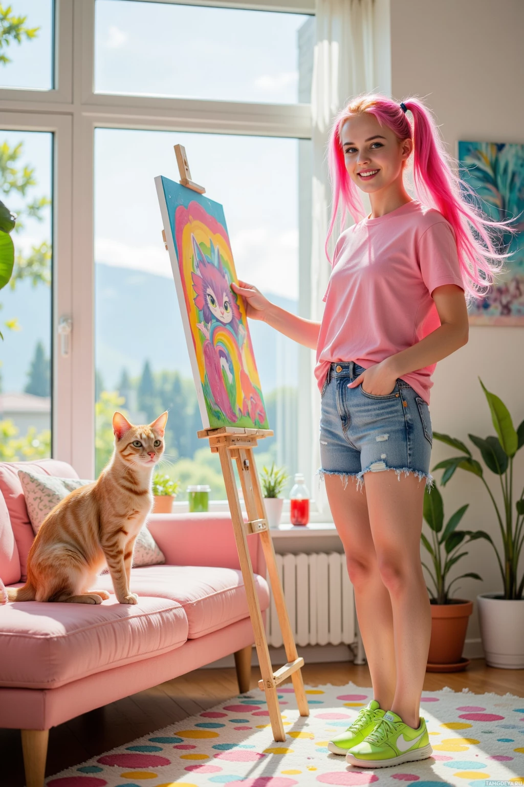 A person with pink hair stands next to an easel with a colorful painting, while a cat sits on a pink couch in a bright, cozy room.