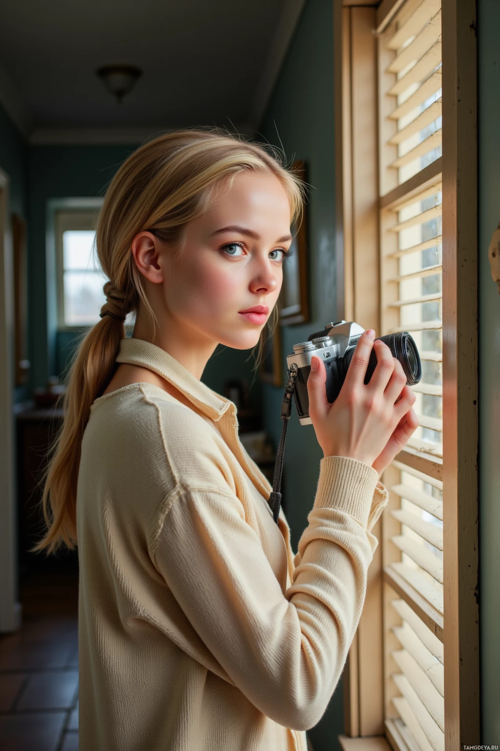 A young woman with blonde hair in a braid holds a camera near a window with blinds.