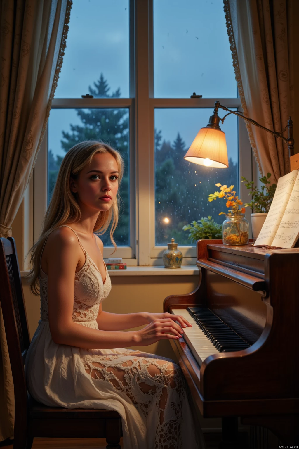 A woman in a lace dress sits at a piano by a window with a lamp, gazing out at the rain.