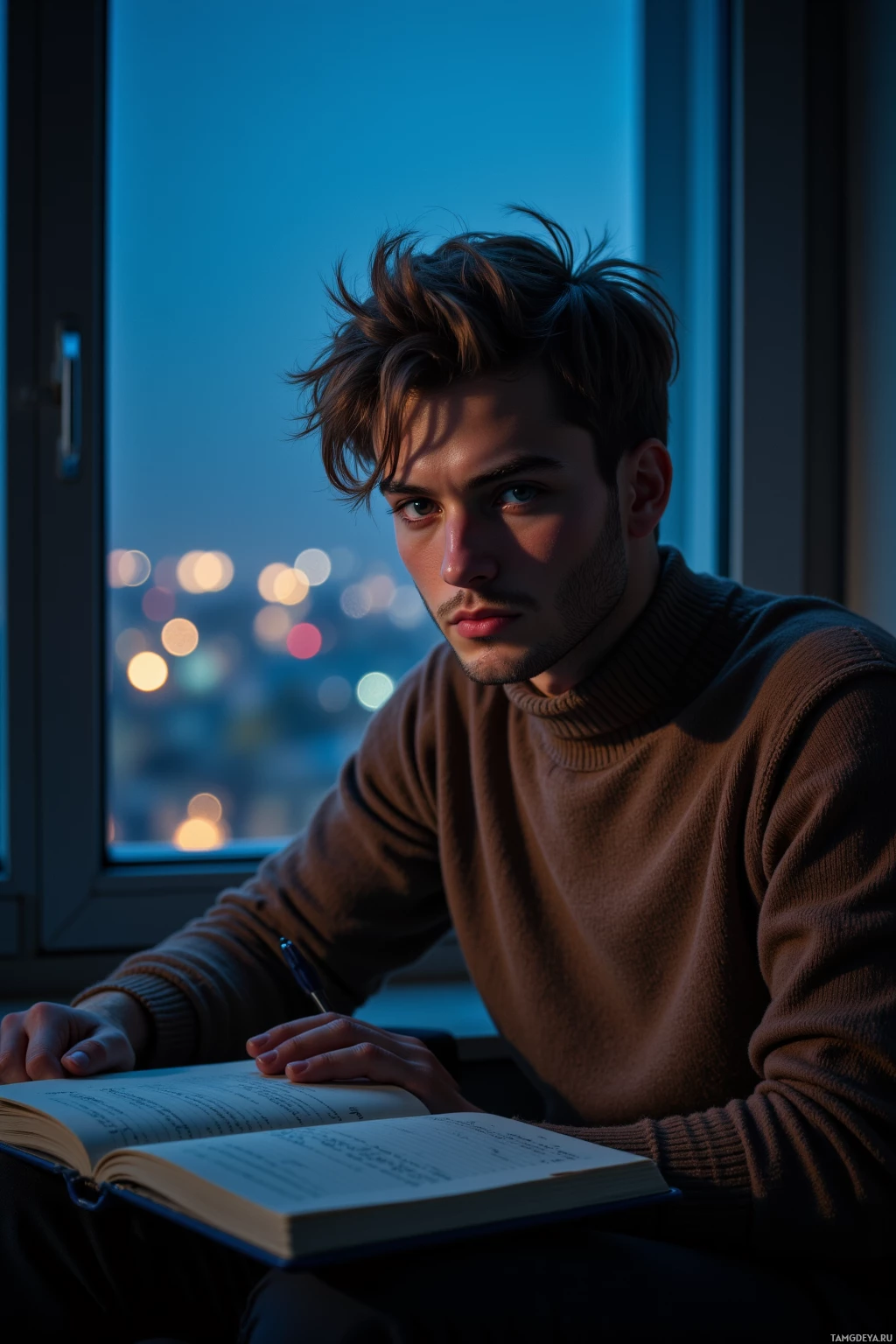 A young man sits by a window at night, holding a pen and looking out at city lights.