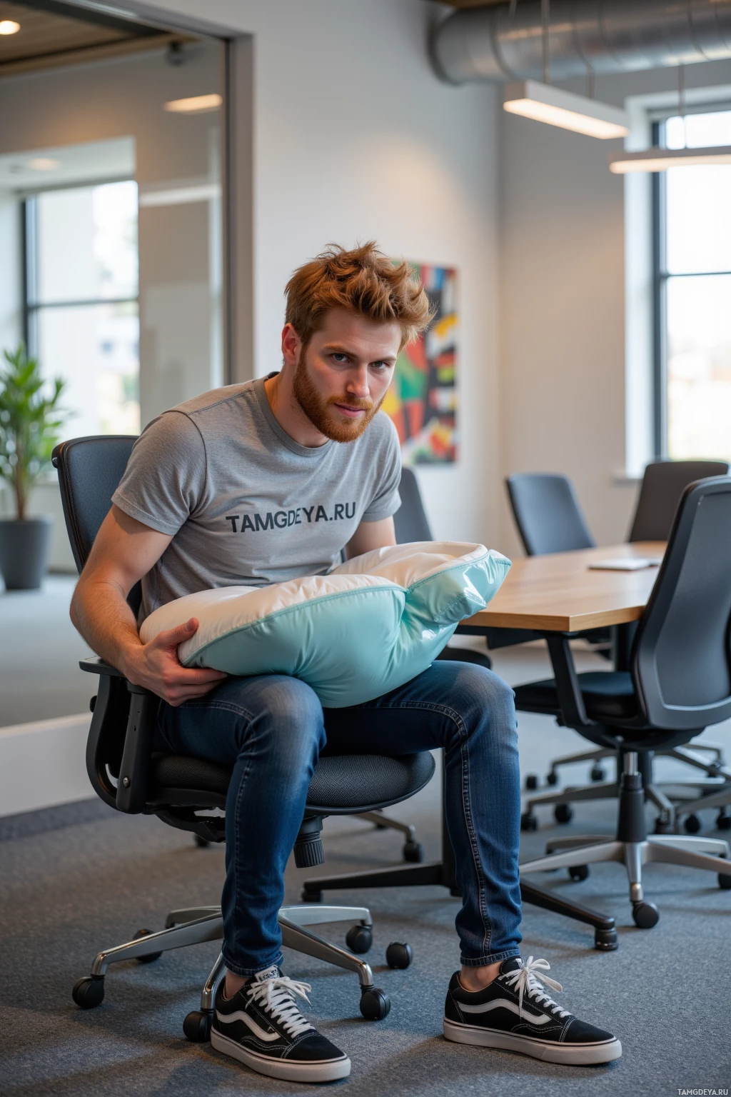 A man sits in an office chair holding a pillow, wearing a gray t-shirt and jeans.