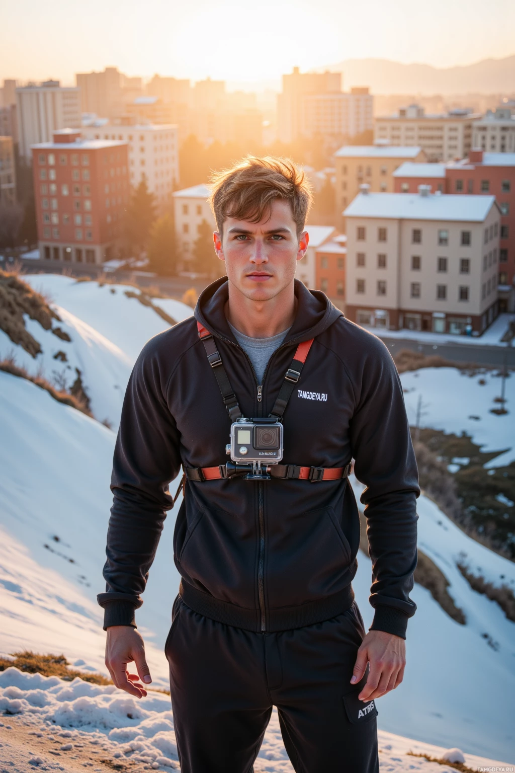 A person stands outdoors in a winter setting, wearing a black tracksuit and carrying a camera on a strap.