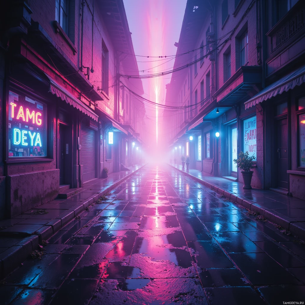 A neon-lit alleyway with wet pavement reflects vibrant colors, creating a futuristic and atmospheric scene.