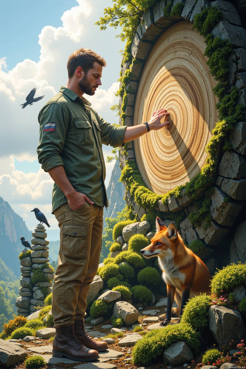A man in a military-style uniform stands near a fox and a stone structure with a circular pattern, surrounded by nature.