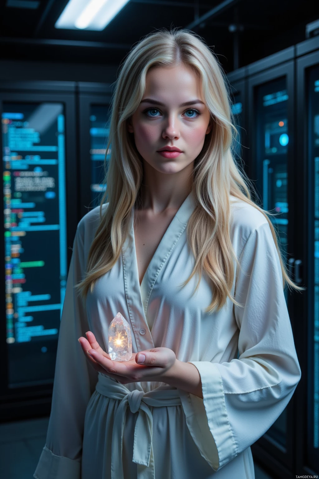 A person in a white robe holds a glowing crystal in a futuristic setting.