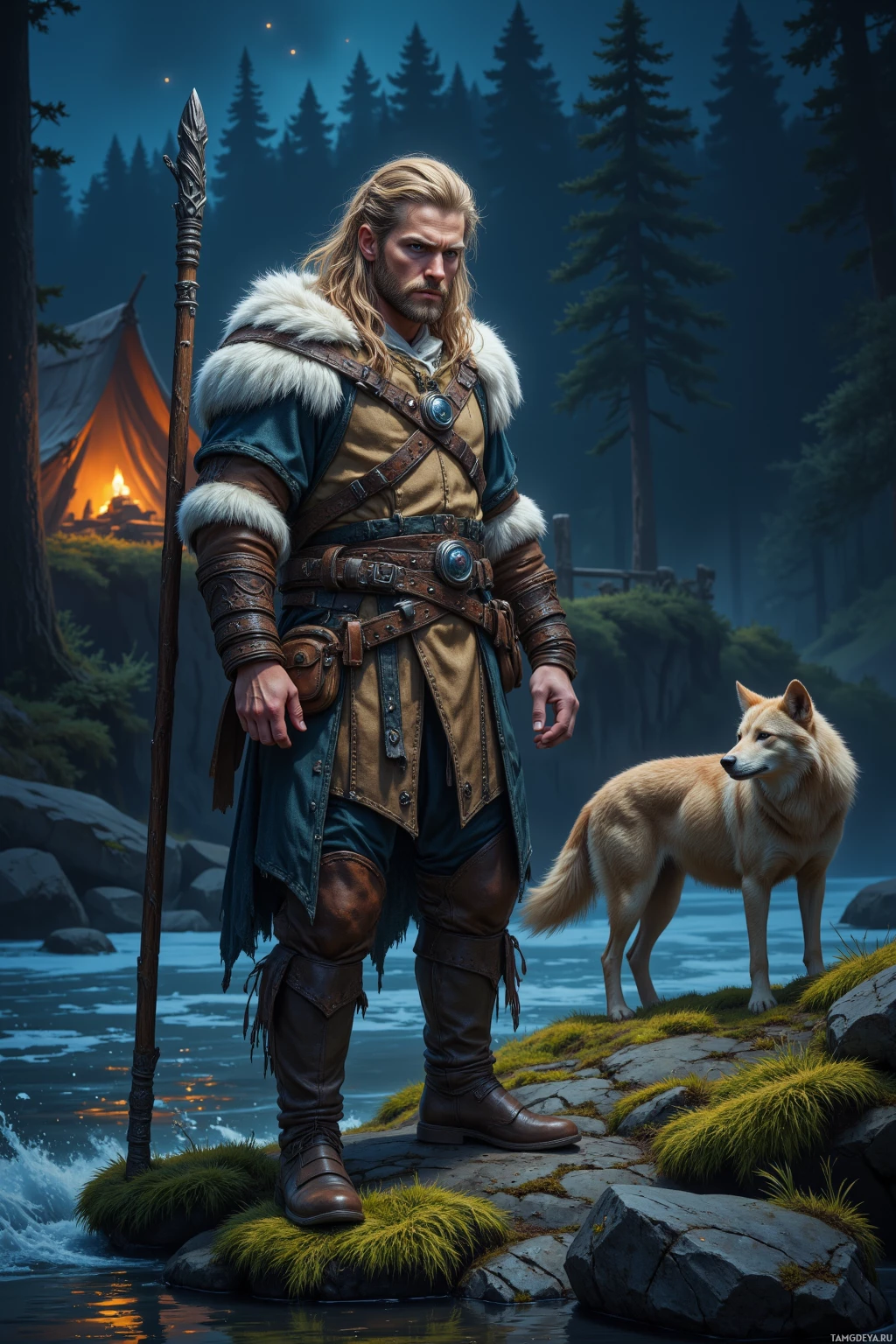 A warrior stands by a river with a wolf, surrounded by a forest at night.
