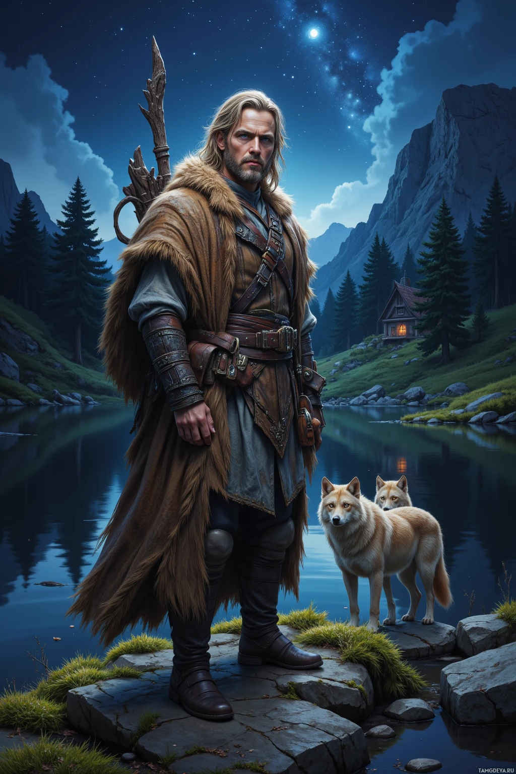 A rugged adventurer stands by a serene lake, accompanied by two wolves, under a starlit sky.